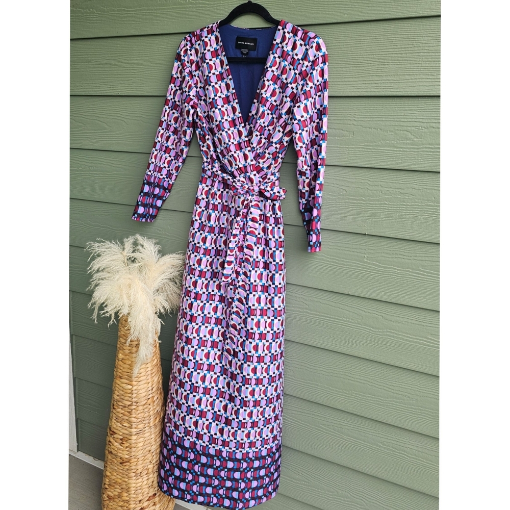 Donna Morgan Purple! Printed Faux Wrap Long Maxi Dress